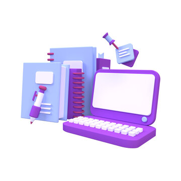 stack of books with laptop illustration background, 3D, render icon for business