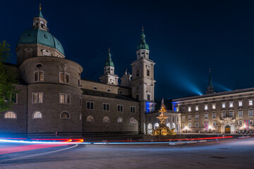 city of salzburg at night cathedral dom residence square residenzplatz