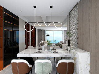 3D rendering, spacious dining room design next to the modern kitchen, with a beautiful dining table and greenery