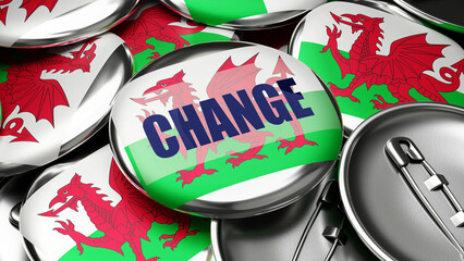 Naklejka premium Change in Wales - national flag of Wales on dozens of pinback buttons symbolizing upcoming Change in this country. , 3d illustration