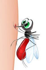 Funny cute cartoon mosquito bites human skin.