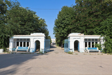 Entrance to the abandoned mud bath Moinaki on Polupanov street in the city of Evpatoria, Crimea