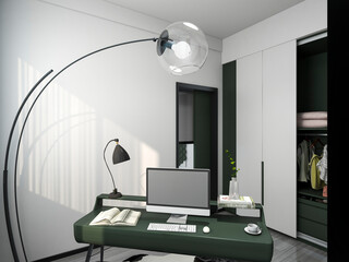 3D rendering, spacious modern residential study design, with laptop