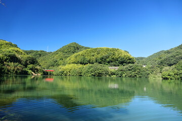 Fototapeta premium 山の中の快晴のダム湖と赤い橋 