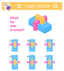 Logic puzzle for children. Which top vıew is correct? IQ training test. Printable worksheet. Answer is E