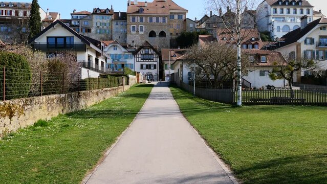Murten, Switzerland - March 24, 2022: Murten is a bilingual french-german municipality in the See district of the canton of Fribourg in Switzerland. It is located on the southern shores of Lake Morat.