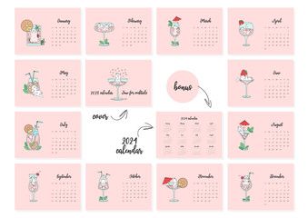 Time for cocktails. Calendar 2023 template. Monthly calendar 2023 with cute white cats playing in cocktail glasses. Bonus - 2024 calendar. Vector illustration 10 EPS.