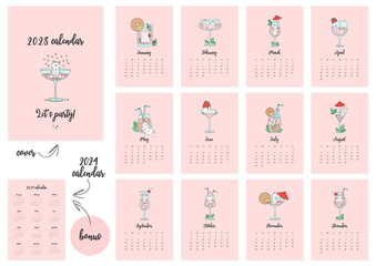 Let's party! Calendar 2023 template. Monthly calendar 2023 with cute white cats playing in cocktail glasses. Bonus - 2024 calendar. Vector illustration 10 EPS.