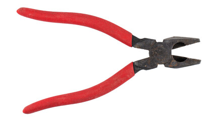 Old pliers with rubber grips in red on a white background. Top view. Repair or building concept.