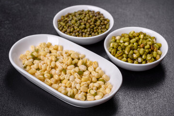 Organics fresh Baby Green Bean Sprouts in white ceramic bowl on a dark concrete background