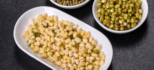 Organics fresh Baby Green Bean Sprouts in white ceramic bowl on a dark concrete background