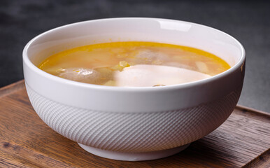 Soup with turkey meatballs, potatoes and vegetables. Selective focus