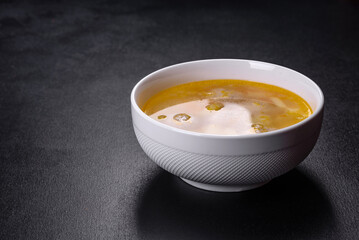 Soup with turkey meatballs, potatoes and vegetables. Selective focus