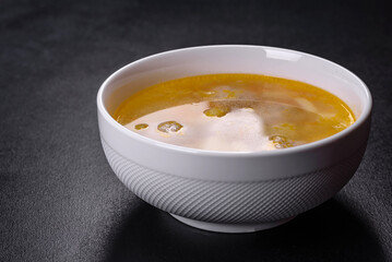 Soup with turkey meatballs, potatoes and vegetables. Selective focus