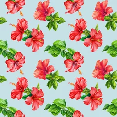Glasschilderij Tropische planten Tropische rode bloemen, hibiscus aquarel botanische illustratie. Naadloze bloemenpatronen op blauwe achtergrond