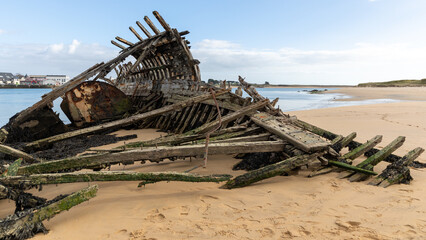 Carcass of boats in a boat cemetery in Brittany in France in February 2022