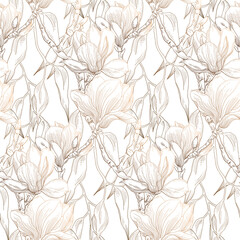 Magnolia - vintage style seamless pattern. Vector illustration, ink engraving suitable for printing on fabric and packaging