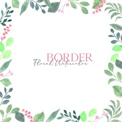 Fototapeta na wymiar green botanical with pink flower border watercolor