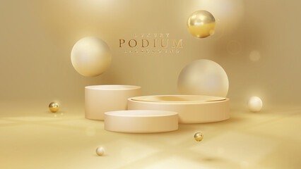 Luxury background with product display podium and 3d gold ball element and blur effect decoration and glitter light with bokeh. - obrazy, fototapety, plakaty