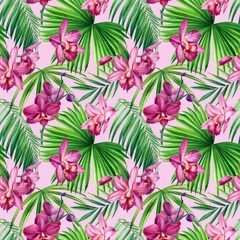 Zelfklevend Fotobehang Floral Seamless patterns. Palm leaves, tropical pink flowers, orchid watercolor illustration.  © Hanna