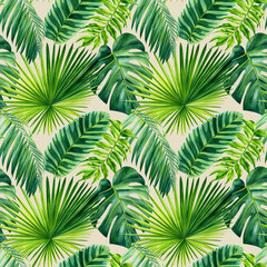 Palm leaves on beige background, tropical plant, watercolor botanical illustration. Green leaf Seamless patterns.