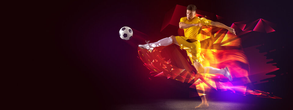 Creative artwork with soccer, football player in motion and action with ball isolated on dark background with polygonal and fluid neon elements. Art, creativity, sport, flyer