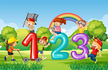 Obraz na płótnie Canvas Number 1 2 3 with children cartoon character