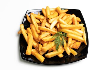 french fries, dark plate, white background