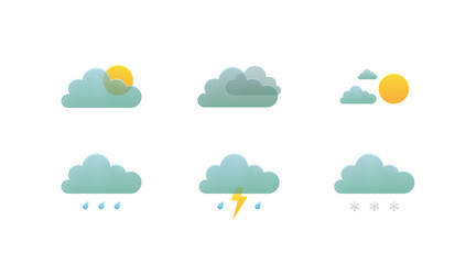 Weather icons in 3d style. Vector icon set. Sunny, gloomy, clear sky, rain, snow, thunderstorm.