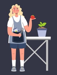 A woman plants seedlings standing at a table A woman farmer gardener doing work and agricultural hobby Vector illustration isolated