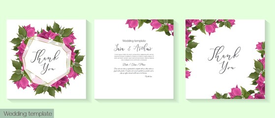 Fototapeta na wymiar Tropical vector template for wedding invitation. Pink bougainvillea, golden frame