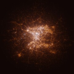 Krakow (Poland) street lights map. Satellite view on modern city at night. Imitation of aerial view on roads network. 3d render