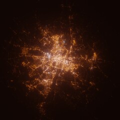 Poznan (Poland) street lights map. Satellite view on modern city at night. Imitation of aerial view on roads network. 3d render