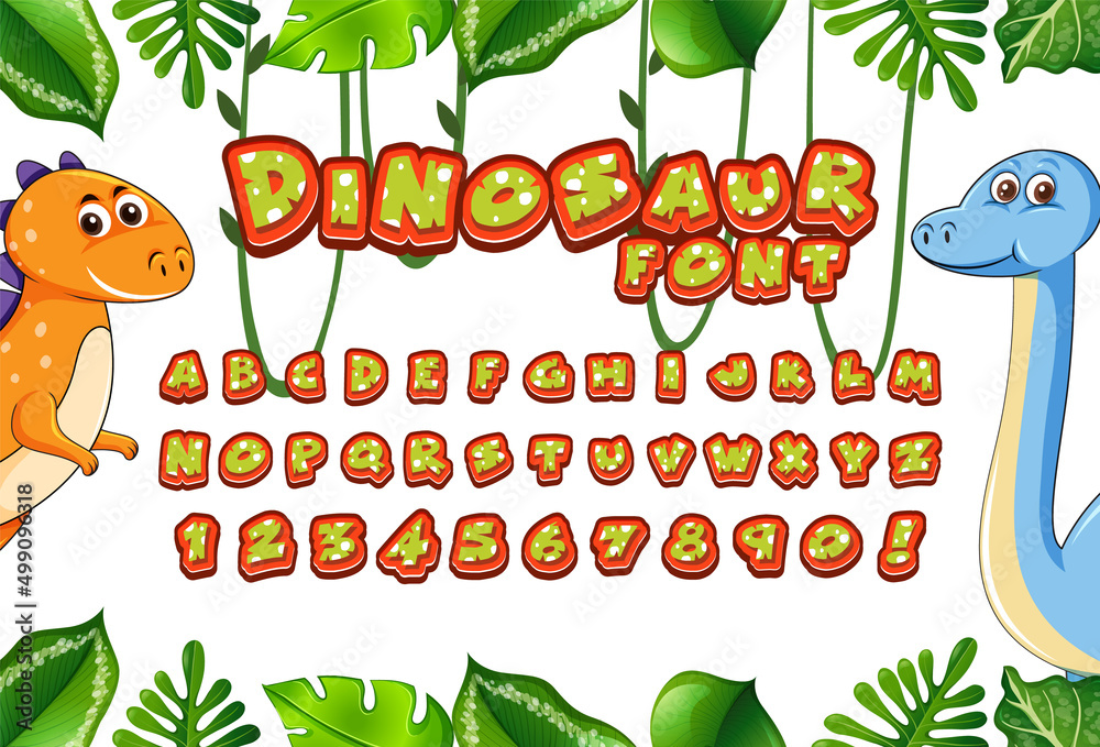 Wall mural Font design for english alphabets in dinosaur character with jungle