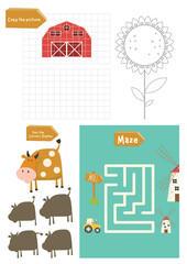 Farm Activity pages for kids. Printable activity sheet with mini games – coloring, copy the picture, maze game. Vector illustration.
