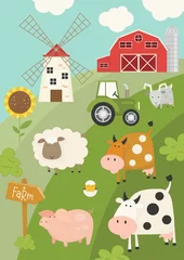 Wall murals Farm animals poster, banner. Farming scene – cow, pig, sheep, goat, tractor, mill, barn. Vector illustration.