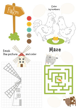 Farm Activity pages for kids. Printable activity sheet with mini games – coloring, finish the picture, maze game. Vector illustration.