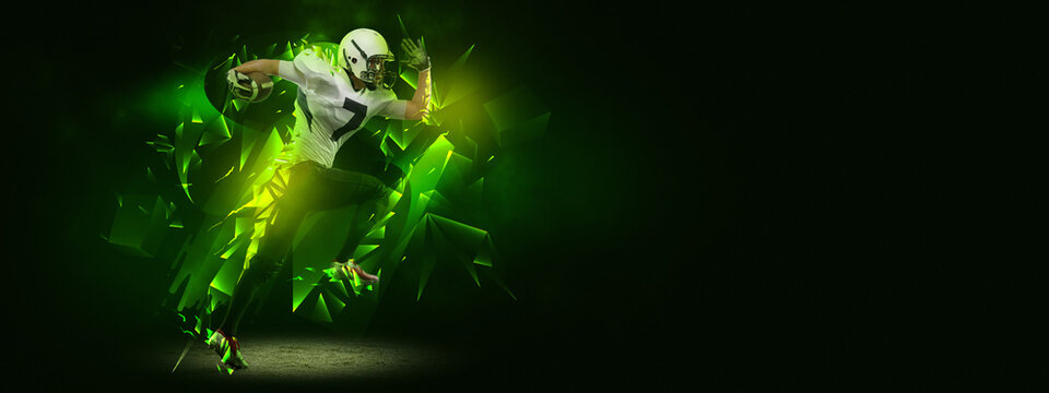 Bright poster with american football player in motion and action with ball isolated on dark background with polygonal and fluid neon elements. Art, creativity, sport