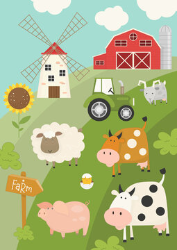 Farm animals poster, banner. Farming scene – cow, pig, sheep, goat, tractor, mill, barn. Vector illustration.