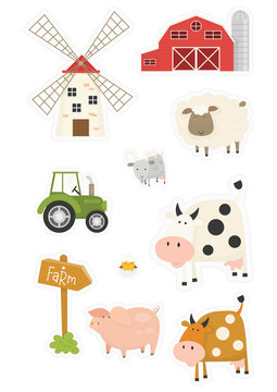 Farm Animals and objects set. Cartoon stickers isolated on white background. Vector illustration. Mill, barn, cow, sheep, tractor, pig, goat.