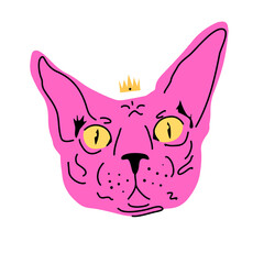 Cat head with crown cartoon style vector. Sphinx cat. The concept of pets, print on clothes, packaging.