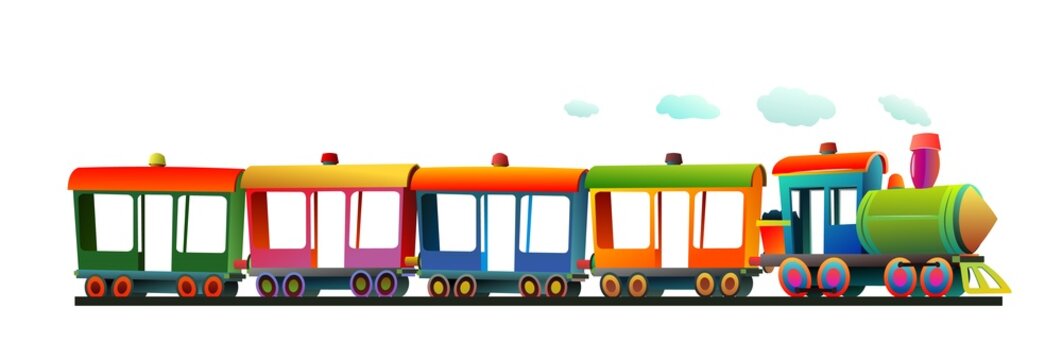 Locomotive rides on railroad. Cartoon style illustration. Cute childish. Multicolored wagons. Isolated on white background. Vector