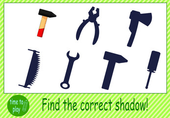 children's educational game, tasks. find the correct shadow. construction tools. saw, wrench, hammer, axe, screwdriver, pliers.