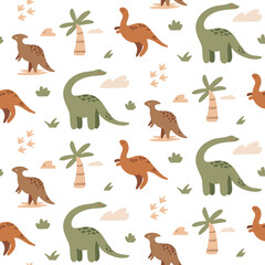 Obraz premium Vector colored childish pattern with cute dinosaurs and tropical palm. Scandinavian wall art, background. Kids print with cute dino, palm, fossil footprints. Apparel, textile, wallpaper.