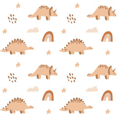 Vector colored childish pattern with cute dinosaurs and rainbow. Scandinavian boho wall art, background. Kids print with cute triceratops and stegosaurus,. Apparel, textile, seamless wallpaper