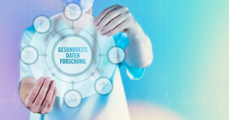Gesundheitsdatenforschung. Medizin in der Zukunft. Arzt hält virtuelles Interface mit Text und Icons im Kreis.