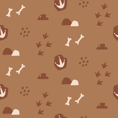 Dinosaur footprint seamless pattern. Background with paw, claw, steps, track, bones, stones. Dino feet. Jurassic animals illustration. Vector texture for kids textile, paper, apparel.