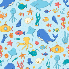 Naklejka premium ocean and sea seamless pattern decorated with doodles, cartoon and kawaii elements. Kids textile print, wrapping paper, background, scrapbooking, stationary, etc. EPS 10