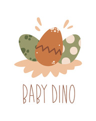 Different colored spotted bird or dinosaur eggs in the nest. Easter egg icon. Flat vector illustration for greating card, nursery poster, banner. Dino birthday party.