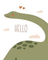 Vector cute illustration with cartoon dinosaur, tropical palm. Scandinavian style wall art for nursery room. Children's print, poster, greeting card. Cute baby diplodocus.